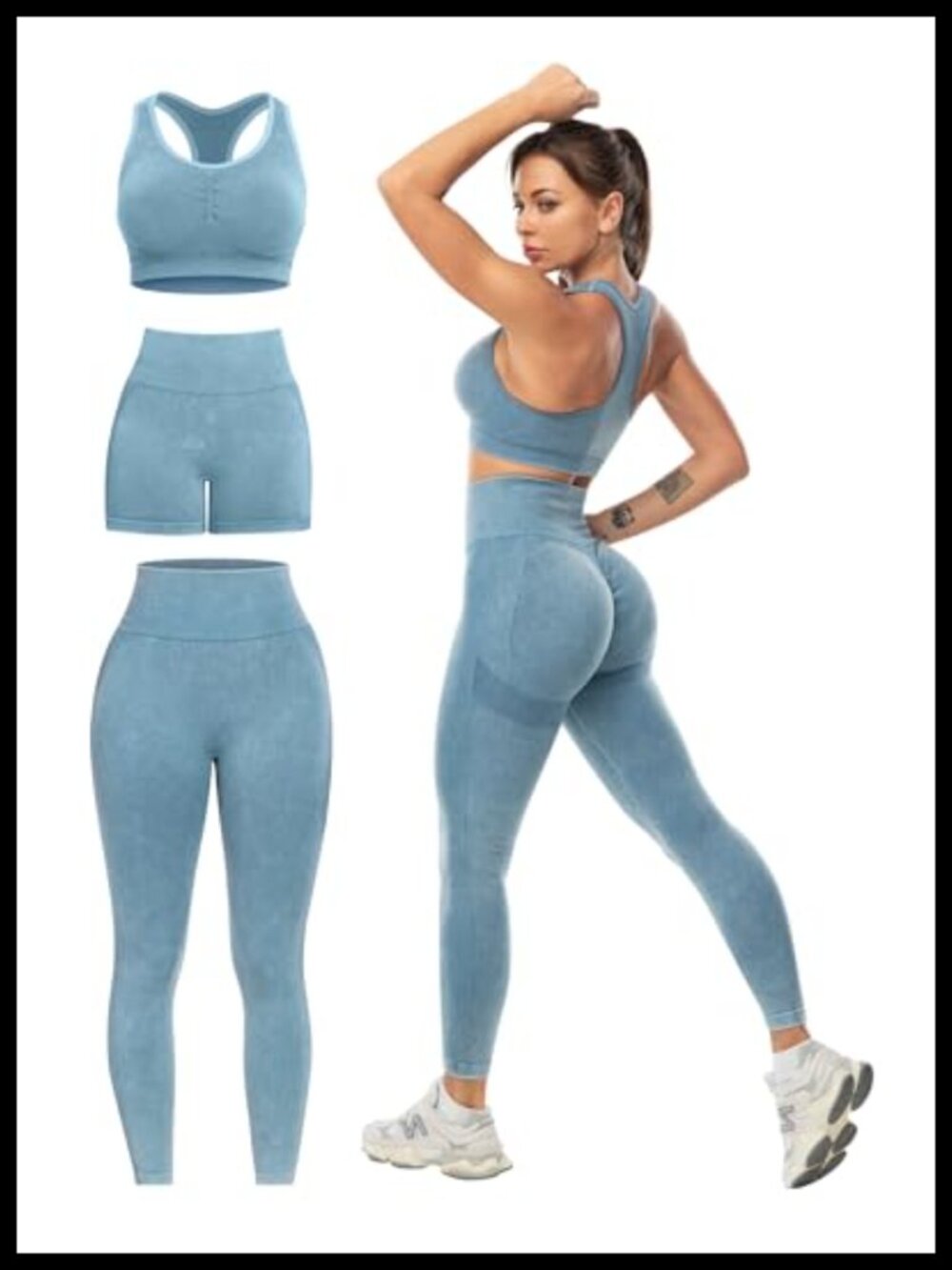 3 Piece Workout Set Women's High Impact Sports Bra Leggings Shorts